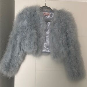Gray Faux Fur Cropped Jacket with Shaggy Texture